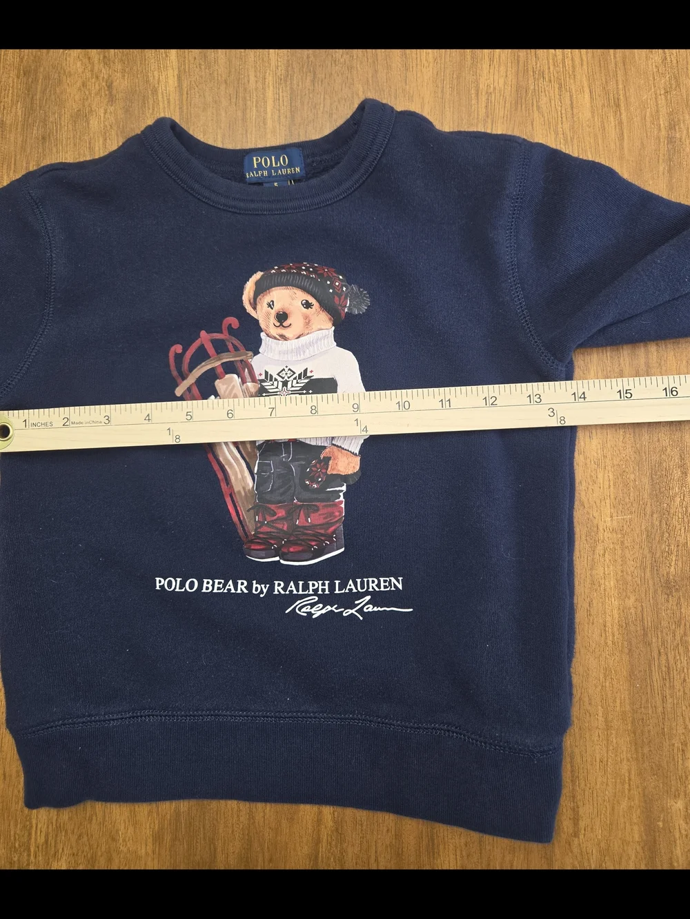 Polo Bear Graphic Sweatshirt by Ralph Lauren, Navy Kids Sz 5, Bear Holding Sled